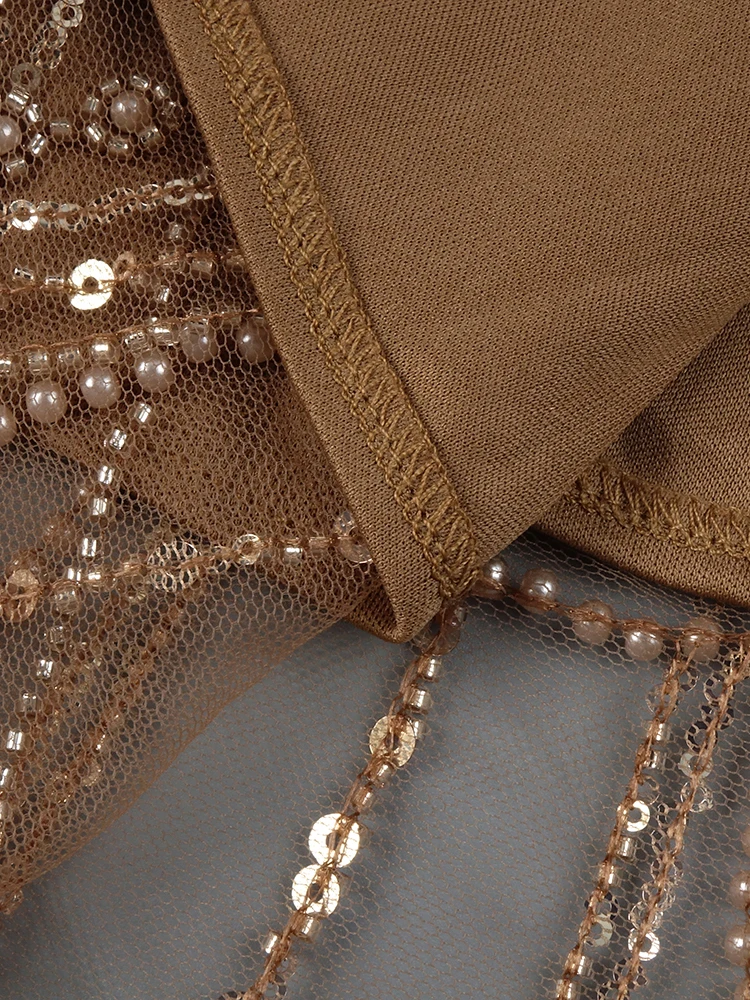 VC ชุดเดรสลูกปัดคริสตัลสีทองแขนกุดปิดไหล่สวยงามพร้อมถุงมือยาว