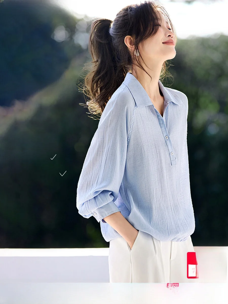 

Mehai Spring New Sle Women's irt Long Sve Linen Blend Loose Fit Collar ort Length Adjustable Hem Girl's Faion