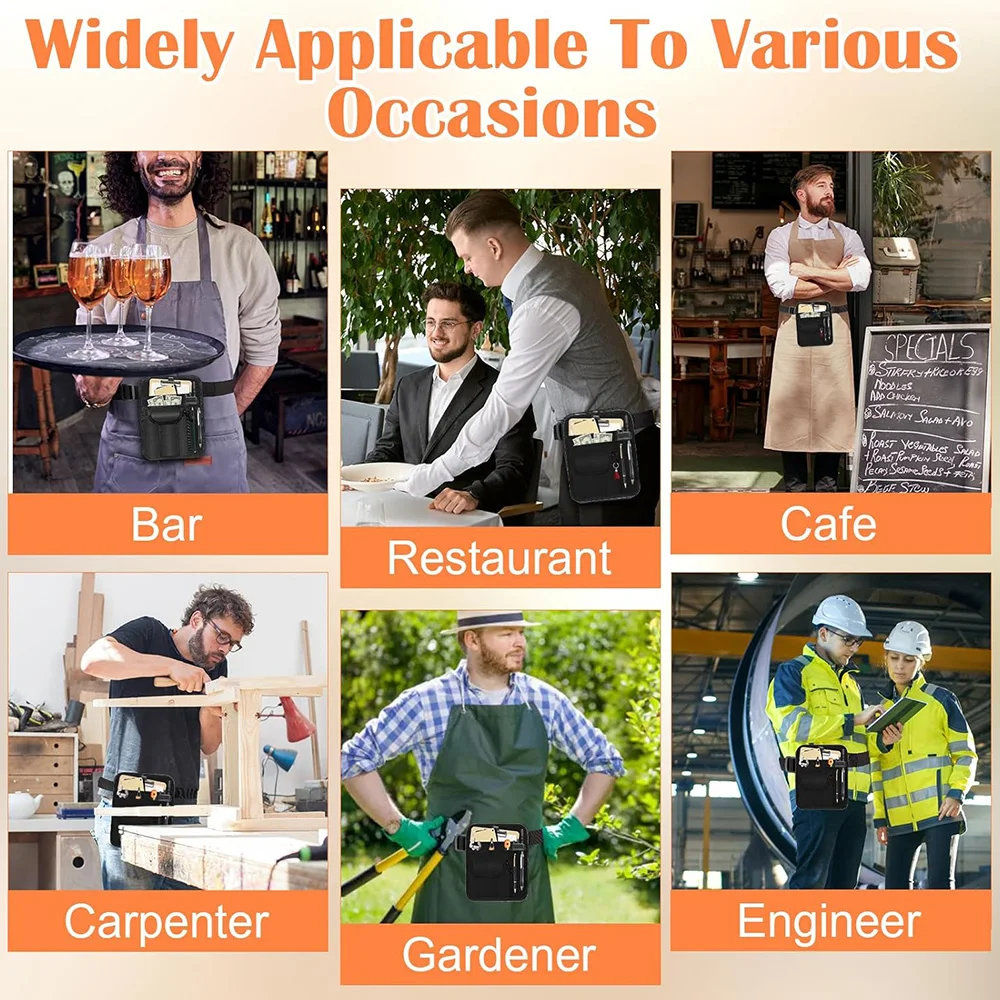 مريلة خادم النادلة مع جيوب متعددة، حقيبة خصر خادم مع حزام قابل للتعديل، مريلة خصر للمطعم، البيسترو، المقهى