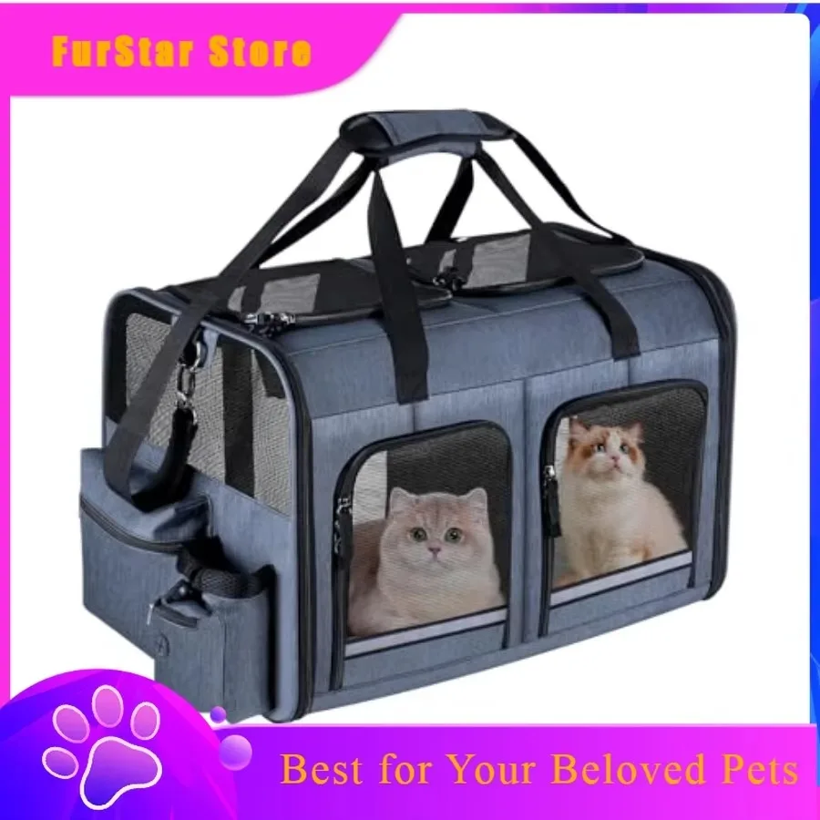 FurStarCat Carrier For 2 Cats Foldable Double Cat And Dog Carrier Small To Medium Size 2 Front Zippered Compartments Two Pets Ca