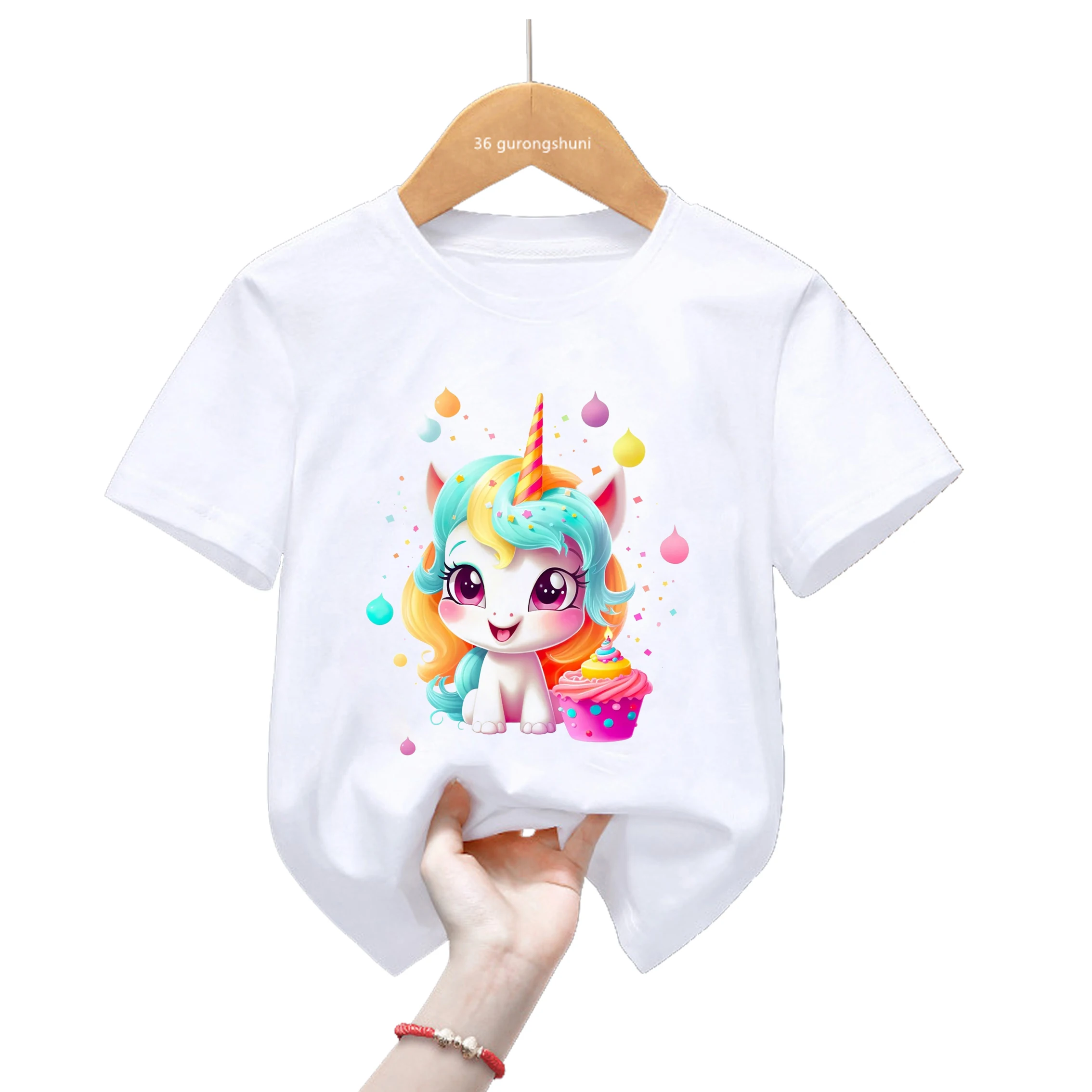 Kawaii bunte Regenbogen Einhorn T-Shirt Geburtstags torte Jungen Mädchen Geburtstags geschenk T-Shirt Baby Kinder Kleidung Kurzarm Top