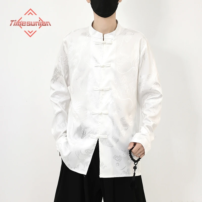 

Dragon Print Chinese Style Ice Silk Men's Long Sleeve Shirt Casual Hanfu Stand Collar Button Up White Black Top For Men