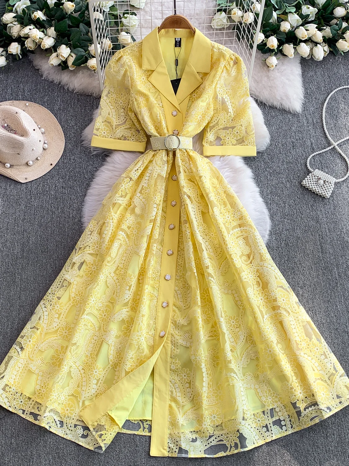 

Elegant Plaid Suit Collar Long Dress Women Spring Autumn Belted Waist Cinched Knee-Length Skirt French Style Button Closure