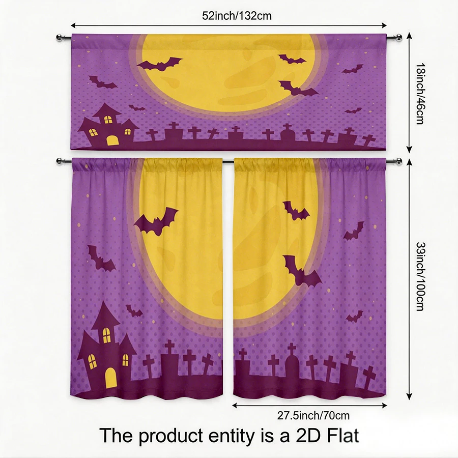 Halloween Fall Kitchen Curtains, Purple Moon Bat Castle, Digital Print, Kitchen Dining Room, Rod Pocket Polyester, Home Decor