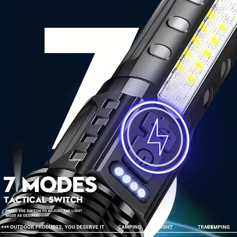 Powerful LED Flashlight Type C Rechargeable Waterproof Torch with Side Light 7 Modes Zoomable Lamp for Camping Fishing Lantern