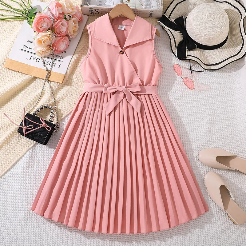 2024 New Arrival Girls Sleeveless Turn-down Collar Sashes Pink Dress Roupa Infantil Menina Cute Party Dress Custume 8-12T