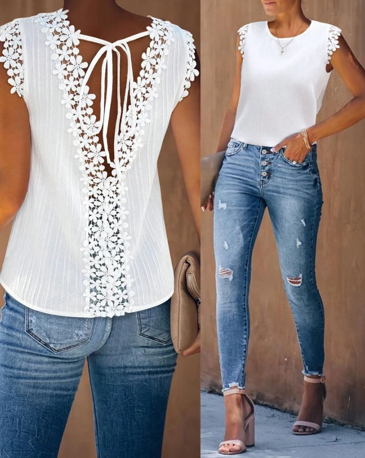 

Women's Solid Top Contrast Lace Tied Detail Vest 2024 Summer Latest Casual Round Neck Sleeveless Daily Versatile Tank Top