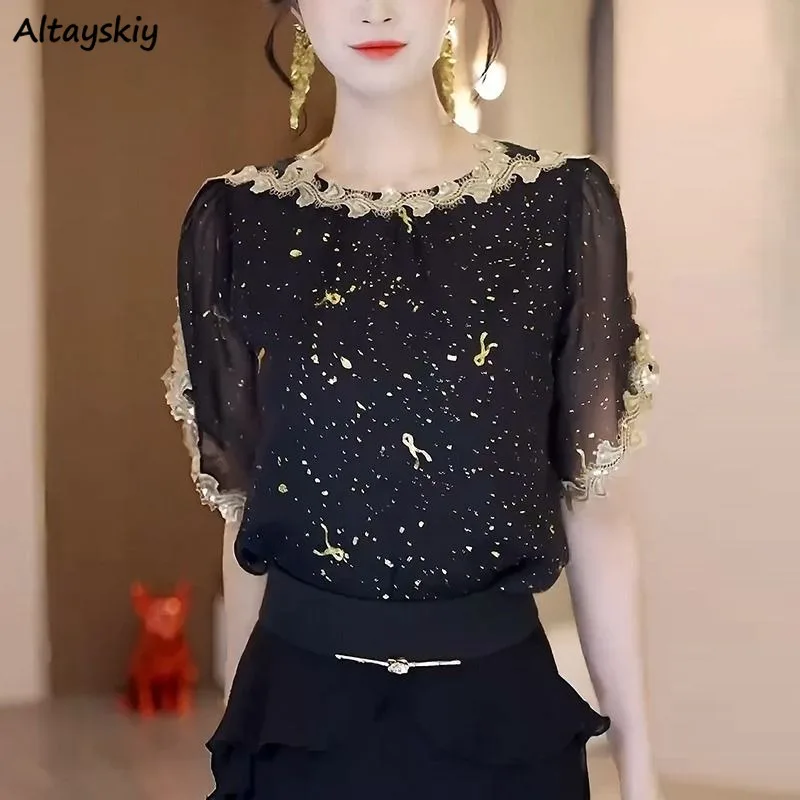 Elegant Blouses for Women Thin Summer Casual All-match Black Sheer Mesh O-neck Streetwear Middle Age Female Fashion Loose Chic