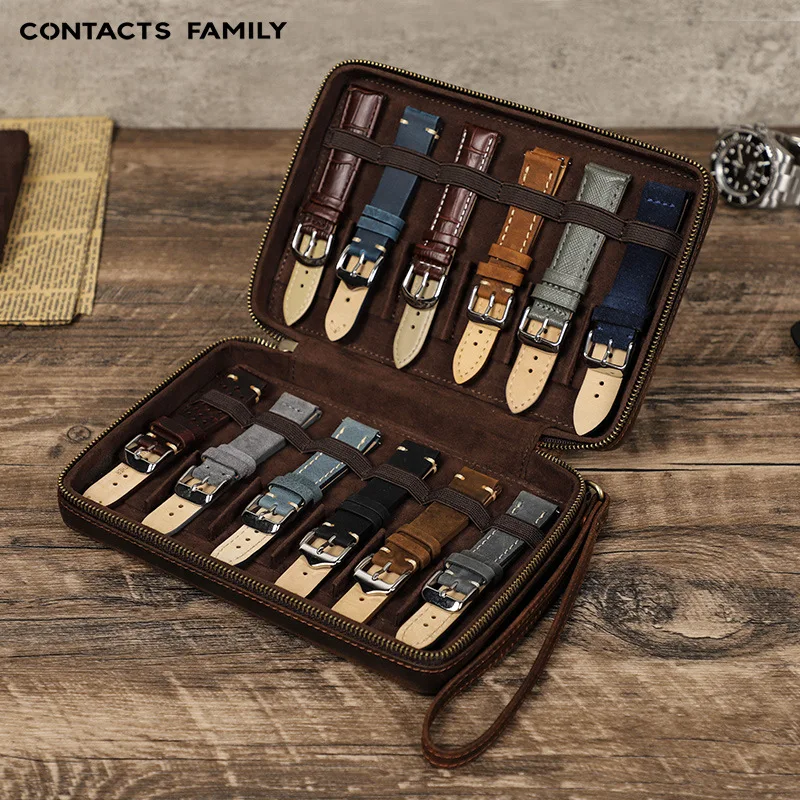 Leather Watch Band Storage Display Box Organizer, Luxury Retro, 12 Slot Strap, Watch Bracelet Travel Case, Square Zipper Bag 