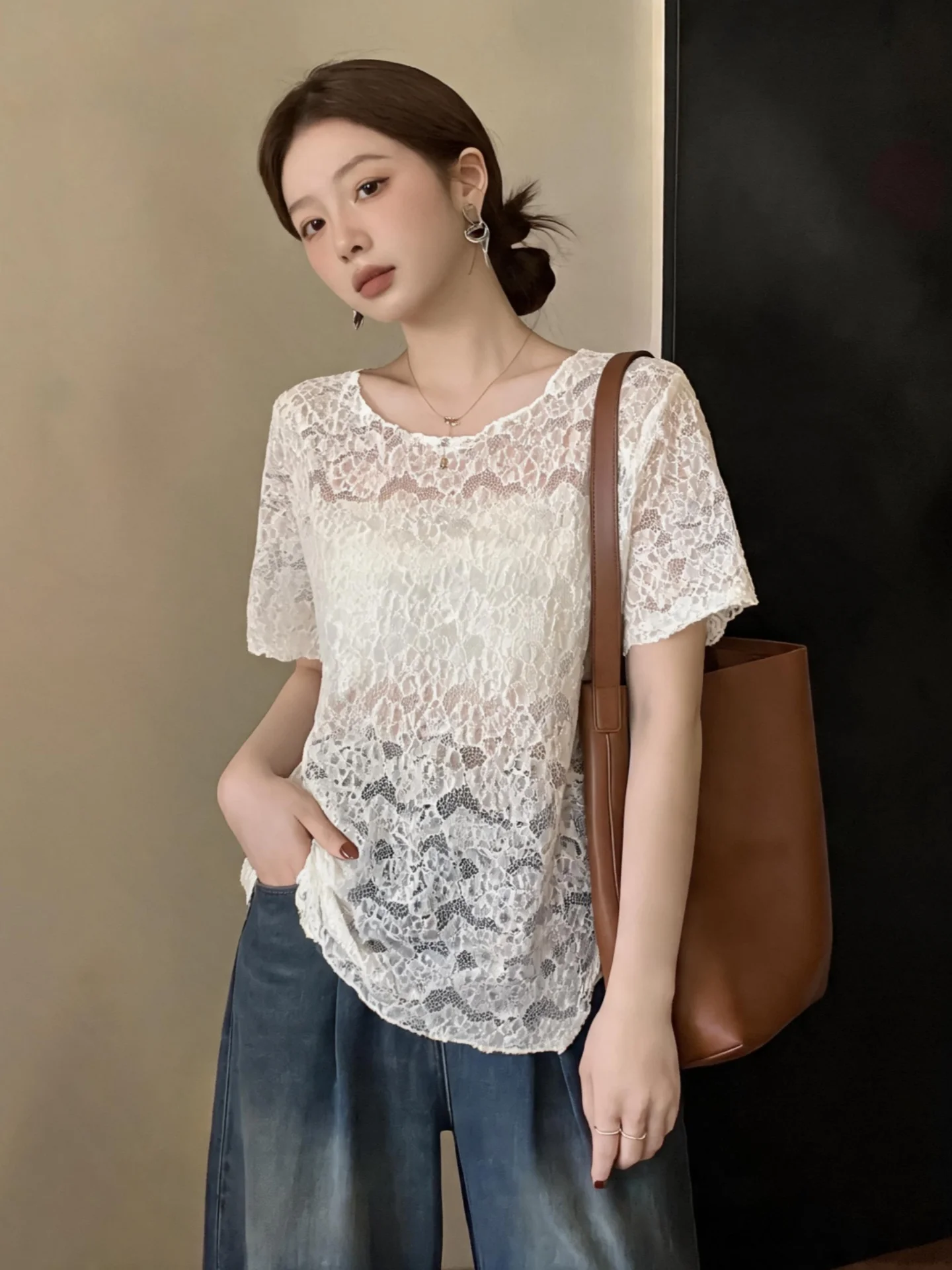 

Lace Hollow out Short Sleeve T-Shirt Cover up Women's Outerwear Summer plus Size Slimming High-End Pure Desire Semi-Transpare...