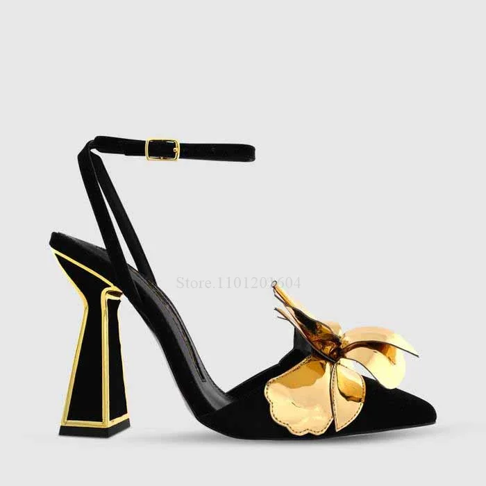 High Heels Brand Design Butterfly Flower Sequin Women Bling Gold Black Pointed Slingback Buckle Sandals Appliques Summer Shoes