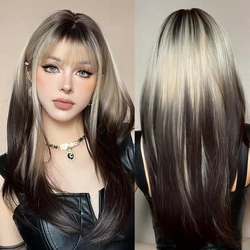 Pelucas naturales de capas largas con flequillo para mujeres blancas, pelo liso sintético ombré, pelo rubio platino a negro