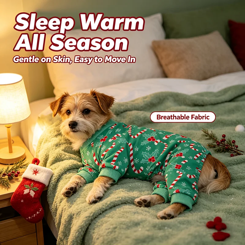 Weihnachtspyjama für Hunde, grüne Zuckerguss-Kleidung für kleine Hunde, Jungen und Mädchen, festliches Haustier-Outfit, Schlafanzug für Hunde, Haustier-Loungewear – Detail 4
