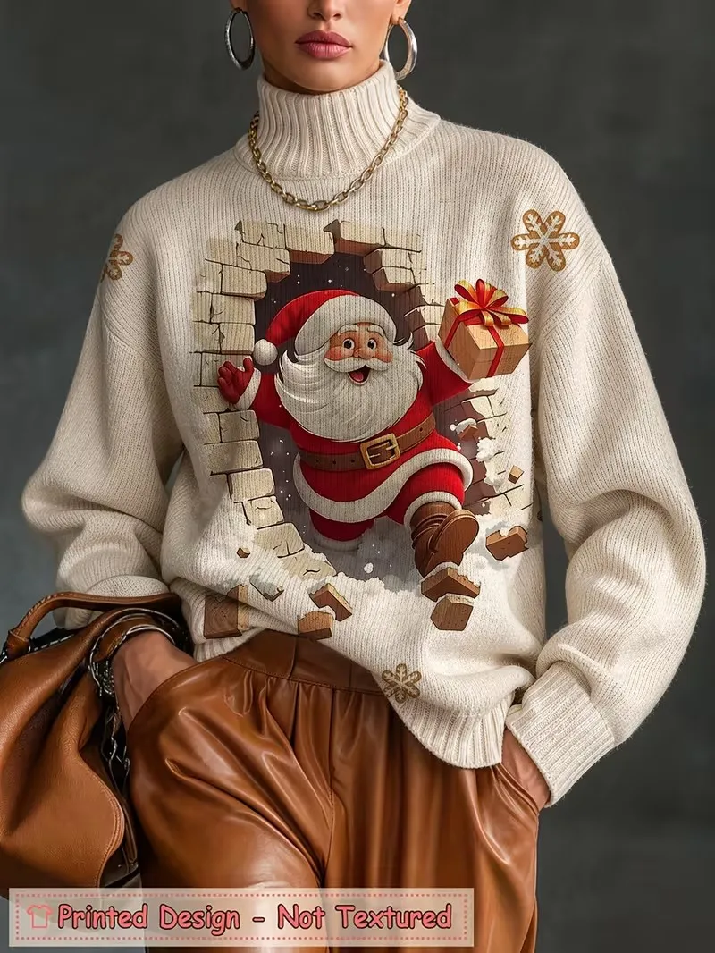Women Turtleneck Tops Christmas Santa Claus Break Through Wall Print Long Sleeve Pullover Autumn Winter Loose Casual Tees shirts