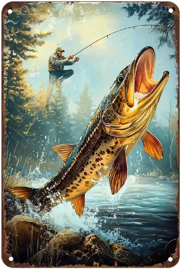 Fishing Muskie Northern Pike Tin Sign, Vintage Fisherman Catching Big Fish Metal Sign Print Aesthetic Room Decoration for Home B