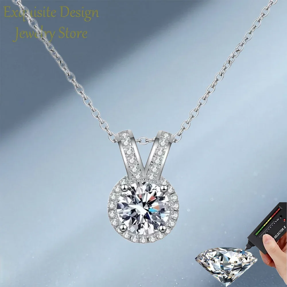 

1CT Luxury Round Real Moissanite Diamond V Shaped Necklaces for Women, Original PT950 Platinum Chain Pendants Wedding Jewelry