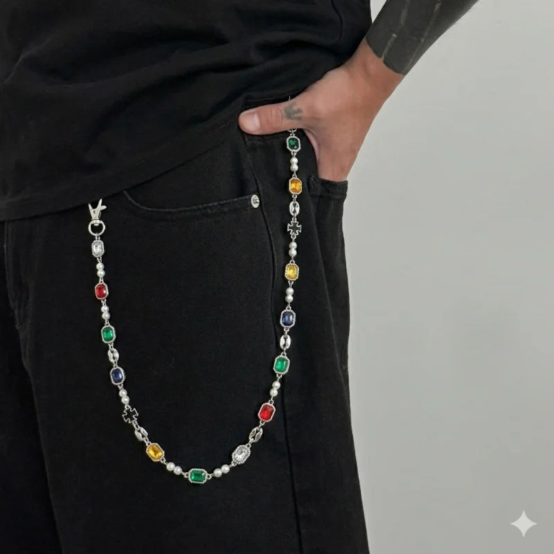 Men’s Colorful Gemstone Pearl Wallet Chain Pants Chain Baroque Rock Punk Jean Chain Jewelry Him