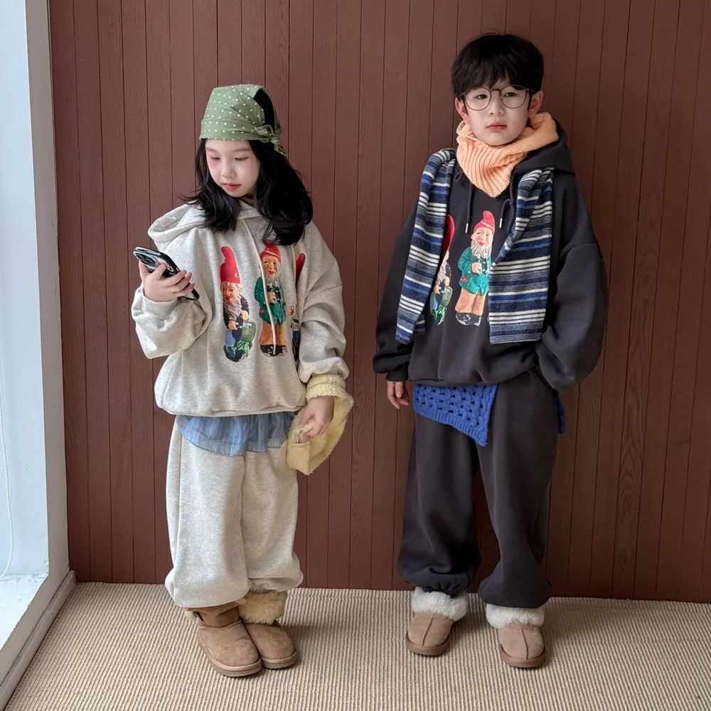 

Winter Children Girls 2PCS Clothes Set Cartoon Jacquard Babys Girls Hoodies Sweatshirt Thicken Warm Little Girls Pants Tracksuit