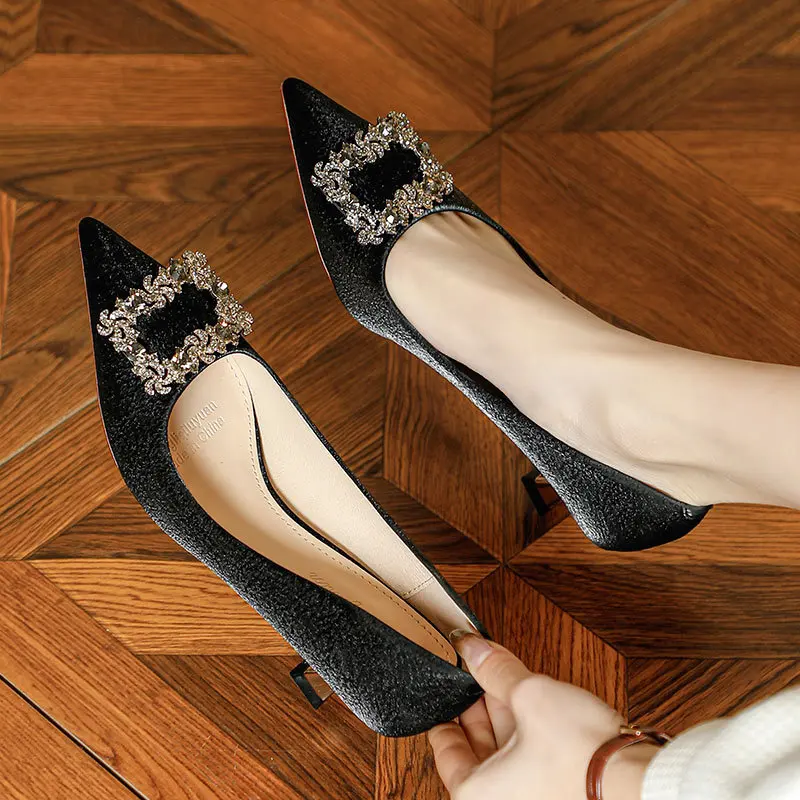 

2025 New High Heels Women's Thin Heel Fashion Diamond Square Buckle Pointed Toe Single Shoes Black Elegant Small Heel