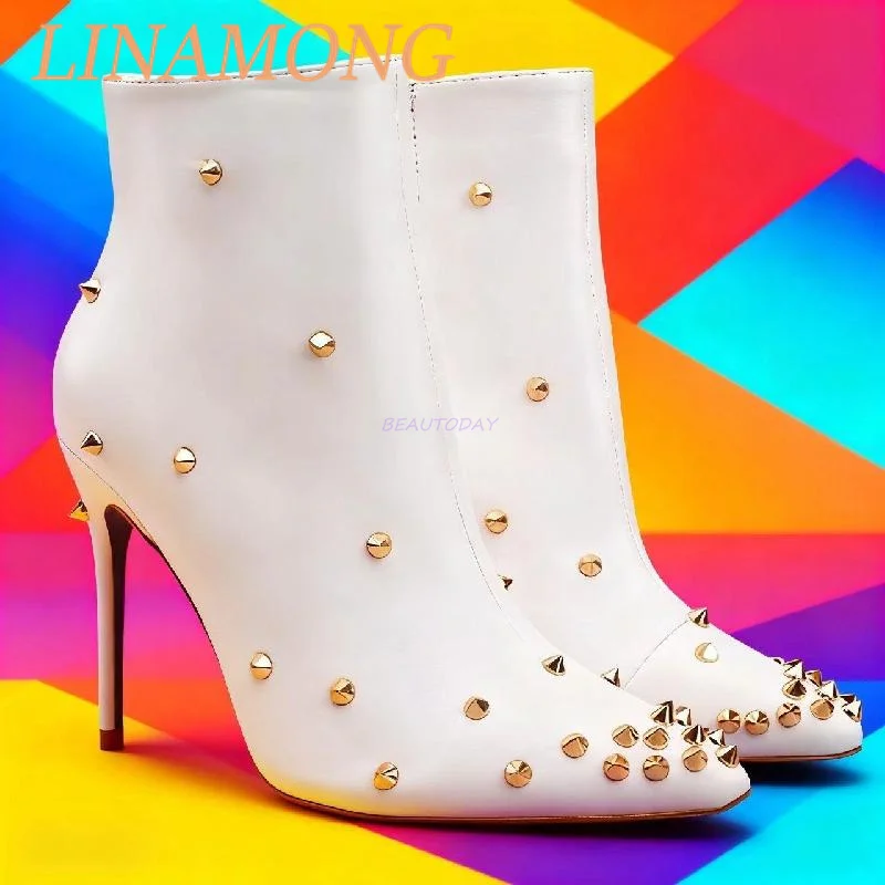 

Pointed Rivet Stiletto Heel Boots Fashionable Temperament Side Zipper Design Simple Style Short Women's Leather Shoes