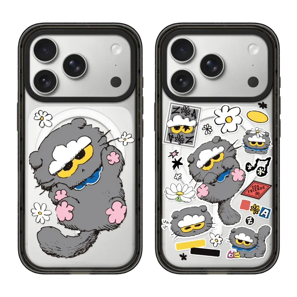 Cartoon Cat Flower Impact For MagSafe Case For iPhone 18 17 16 15 14 13 12 Pro Max Magnetic Wireless Charging Black Border Cover