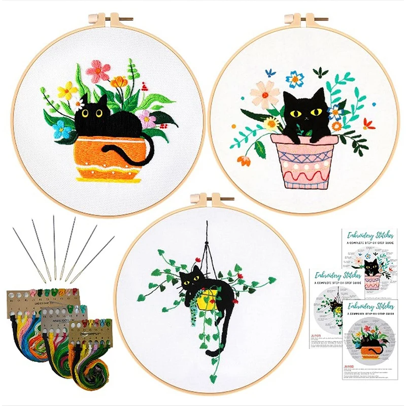 Cross Stitch Needlework Beginners Embroidery Set Flowers Plants Cat 3