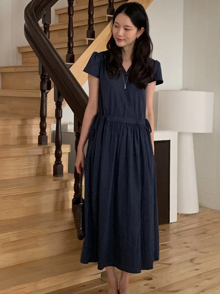 Chic V-neck Summer Dress Long And Thin Neckline School Street Style Korean Fashion Single Piece Regular Fit for Women
