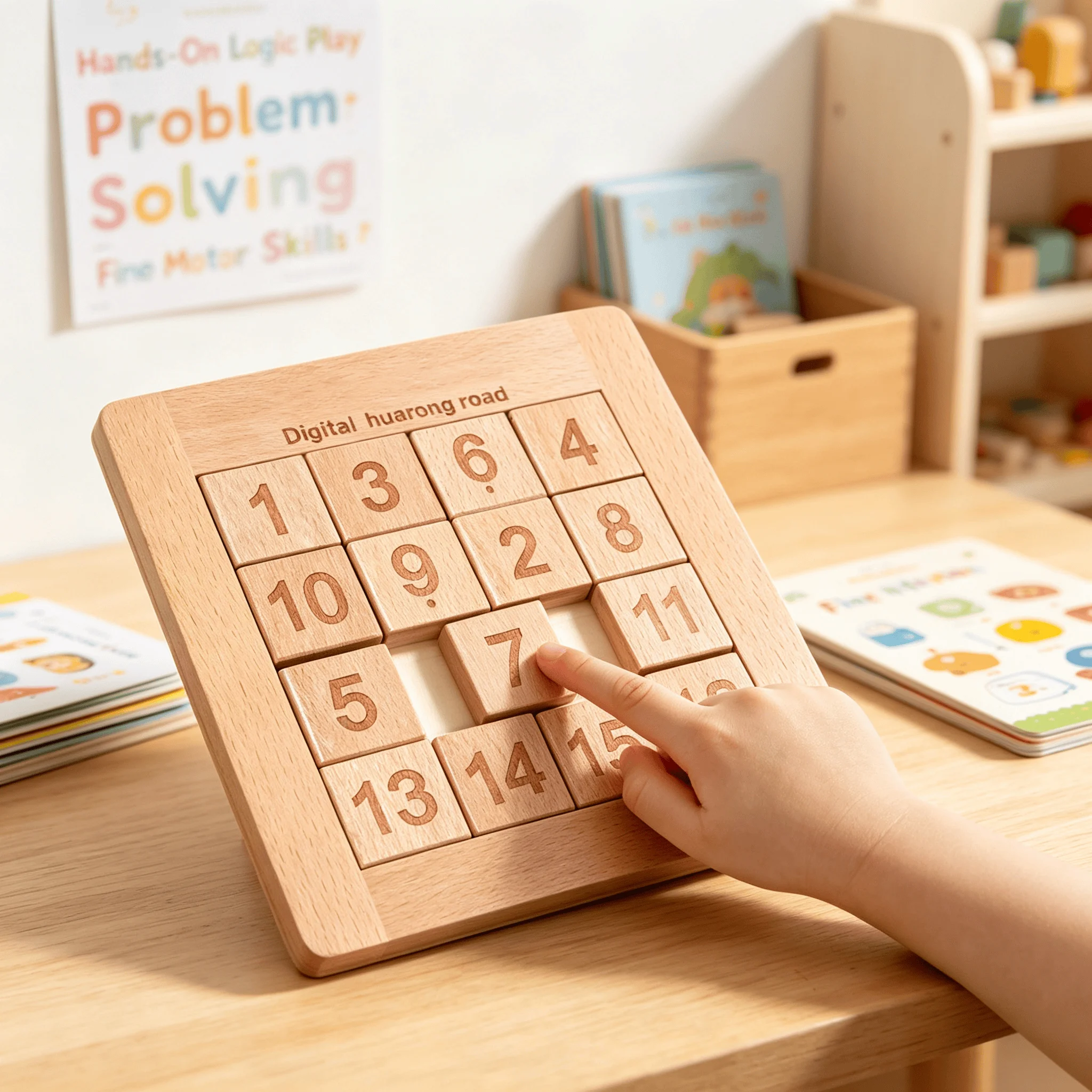 Children's Montessori Wooden 15-Piece Number Sliding Puzzle Logic Puzzle Desktop Game Laser Engraved Educational Toy 3 Years+
