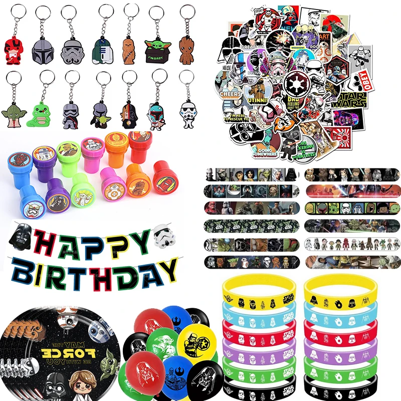 Articles de fête d'anniversaire pour enfants : Autocollants Star Wars, Tampons, Bracelets claquant, Articles de table, Porte-clés, Sacs cadeaux, Sacs de faveurs