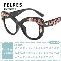 Brand Vintage Flower Cat Eye Reading Glasses Oversized Glasses Women Computer Anti Blue Light Glasses Presbyopia Eyeglasses