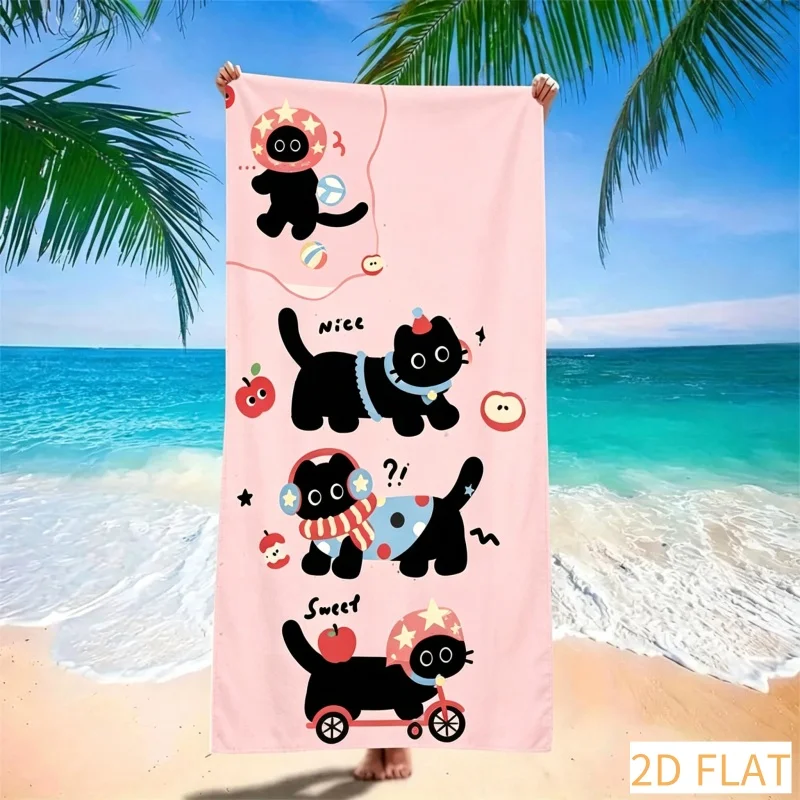 Cute Cartoon Black Cat Beach Towel Super Absorbent Quick Dry Microfiber with Apple Star Print Soft Sand Free Blanket for Picnic