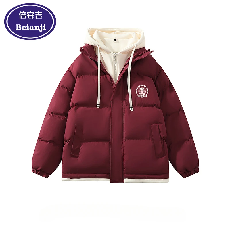 Beianji men's quilted jacket European and American letters printed hooded winter warm fake two down jacket