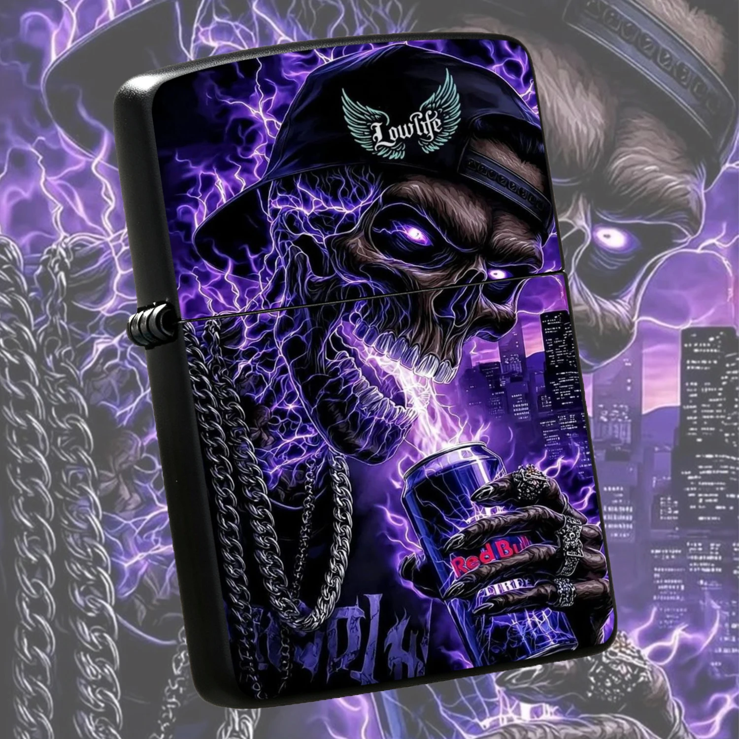 Trendy Purple Lightning Skull Lowlife Themed , Cool Street Style Dark Personalized Collectible Ornament, Cyber City Heavy Carved Accessory, Windproof PORTABLE Durable Creative, Ideal Unique Birthday Gift for Hip Hop Street Fashion Lovers A