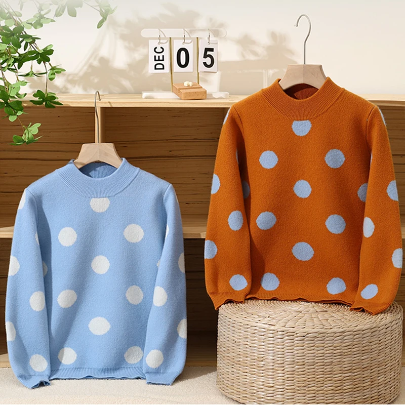 

Свитер из 100% шерсти для мальчиков, детский зимний теплый качественный шерстяной свитер, детский кашемировый пуловер с круглым вырезом в горошек для девочек, шерстяная одежда, топы для мальчиков