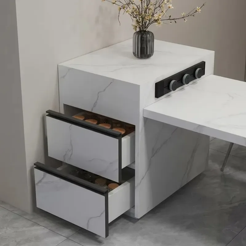 Modern Solid Wood Compact Wall Mounted Kitchen Island with Stone Surface Retractable Multifunctional Bar Table for Small