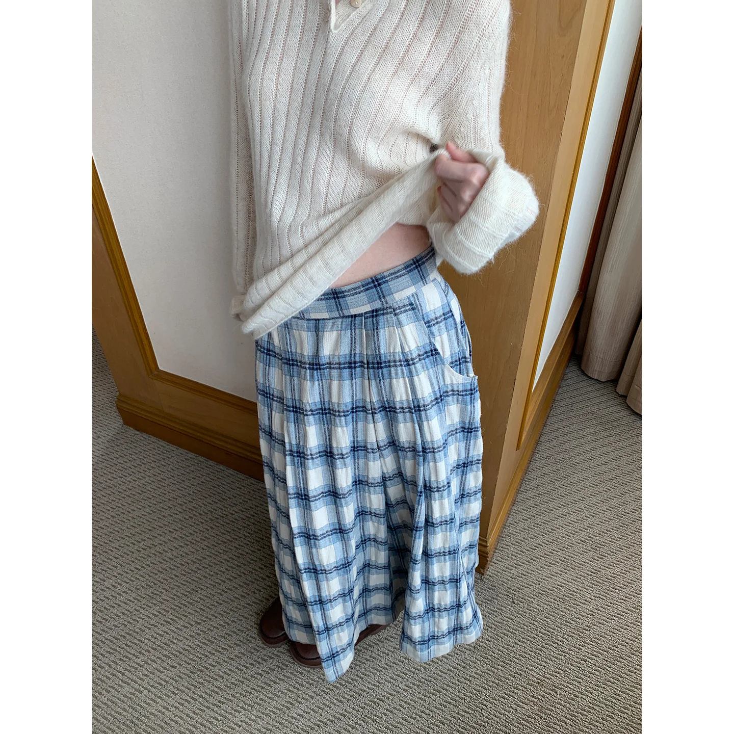 English Style Oni 18m Large Pleat Midi Skirt Women's Plaid A-Line Long Skirt Casual City Commute Daily Travel Versatile Cotton