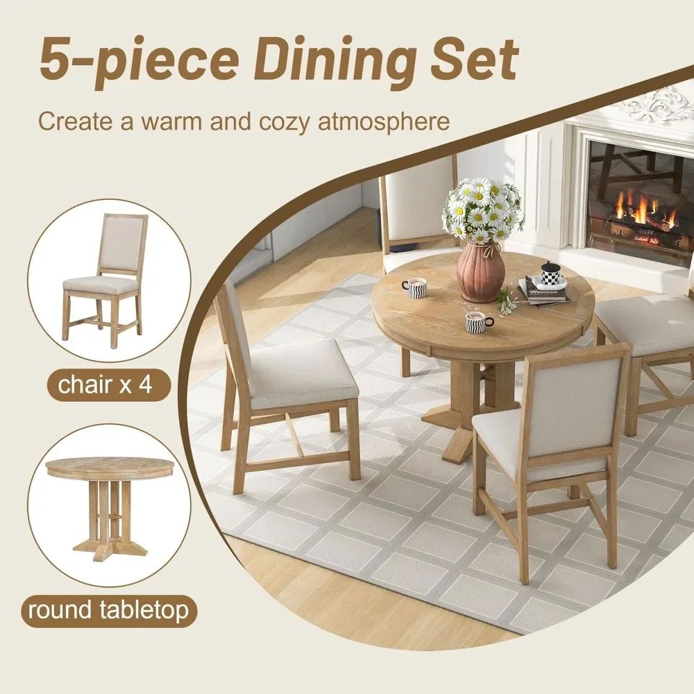 Dining Table Set for 4, 5-Piece Wood Round Extendable Table and 4 Upholstered Dining Chairs with Backrest, Kitchen Table Set