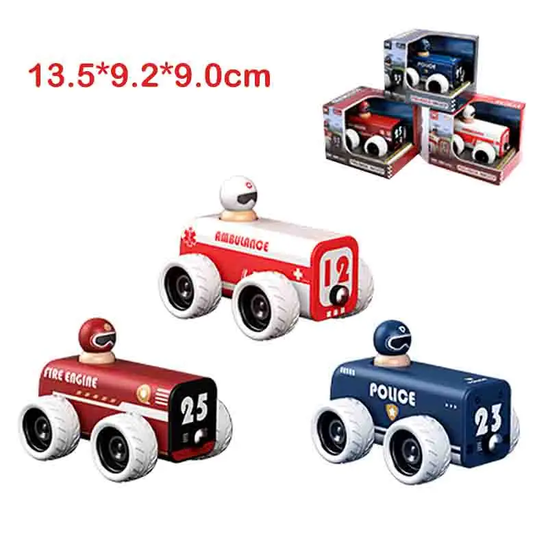 Motores de bomberos de madera, automóviles de policía y ambulancias; Cochecitos retráctiles; Juguetes de madera para la educación infantil; Regalo de cumpleaños