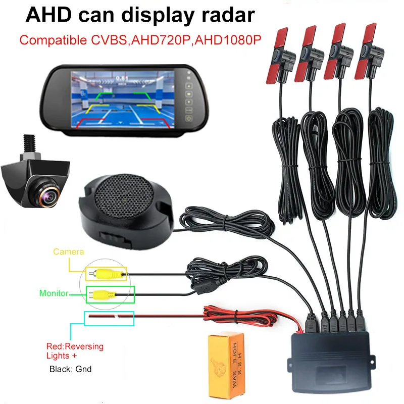 

AHD CVBS Видеорегистратор с радаром заднего хода, встроенный датчик 16,5 мм, 6 цветов, звуковая сигнализация, простая установка, универсальный комплект для помощи при парковке автомобиля