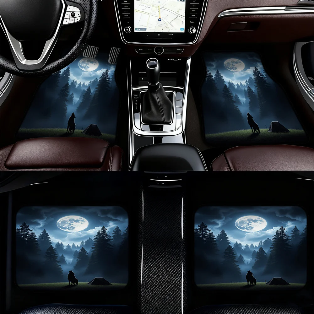 4pcs Car Floor Mats Presenting Wolf Silhouette Camping Night Scene Design, Compatible With Minivans Or Hatchbacks, Offering Easy