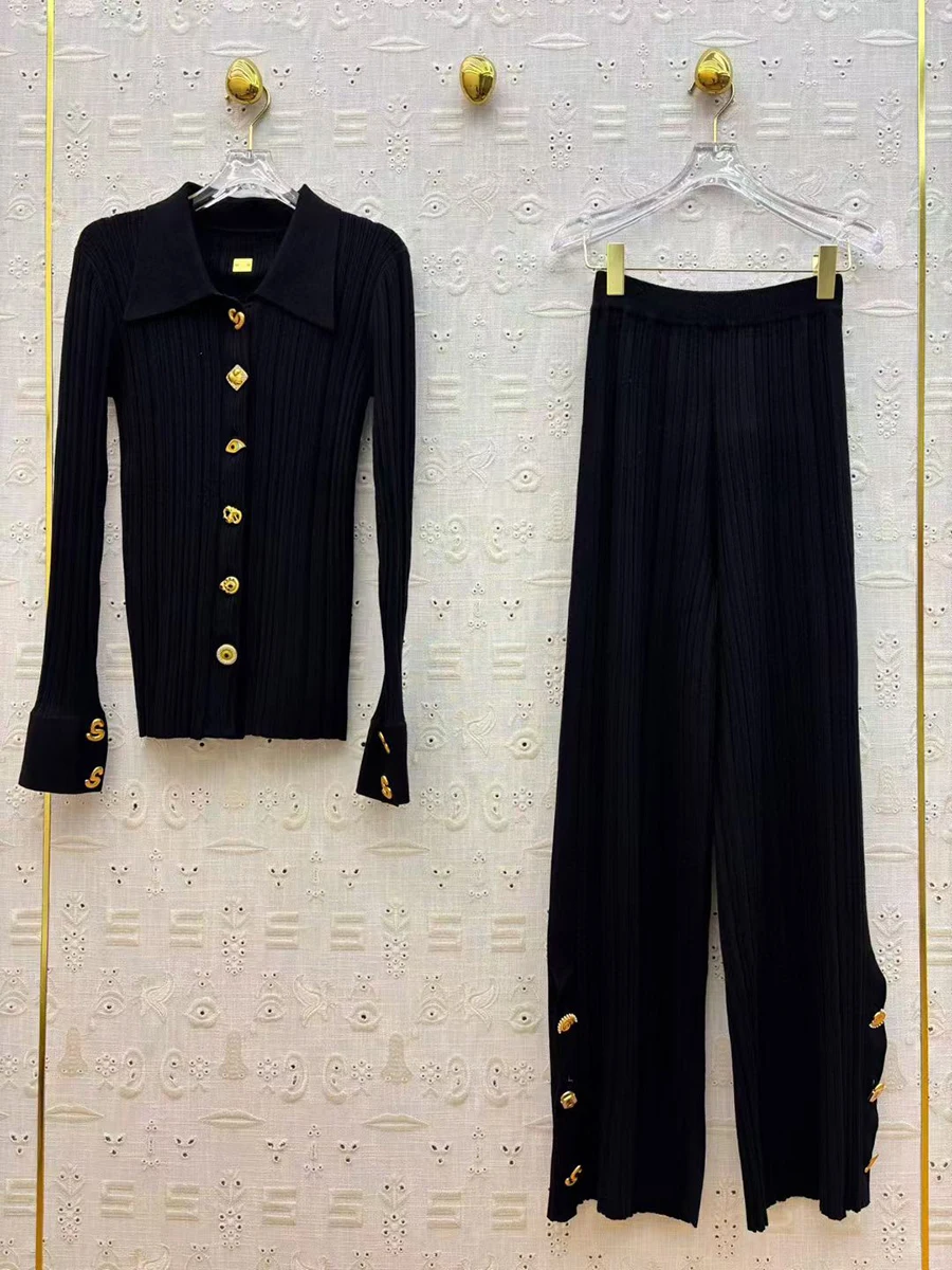 VGH Elegant Solid Slimming Two Piece Sets For Women Lapel Long Sleeve Spliced Button Top High Waist Pants Casual Set Female New