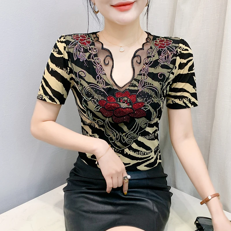 Preto, verão, coreano, estilo, camiseta, chique, sexy, decote em V, patchwork, renda, carta, brilhante, diamantes, feminino, tops, manga curta, camisetas, novo,551201