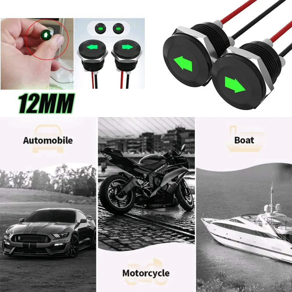 2X Car LED Indicator Pilot Dash Light Single Arrow Symbols Green LED Metal Universal Turn Signal Indicator Light with Wire Lead