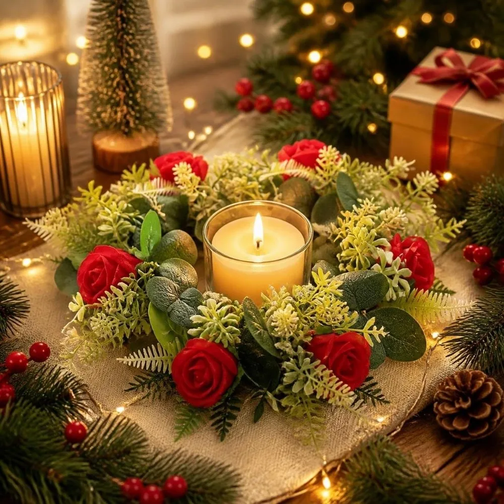 Rose Wreath Candle Holder Exquisite Table Ornaments Eucalyptus Leaf Candlestick Centerpiece Decoration Artificial Green Leaves