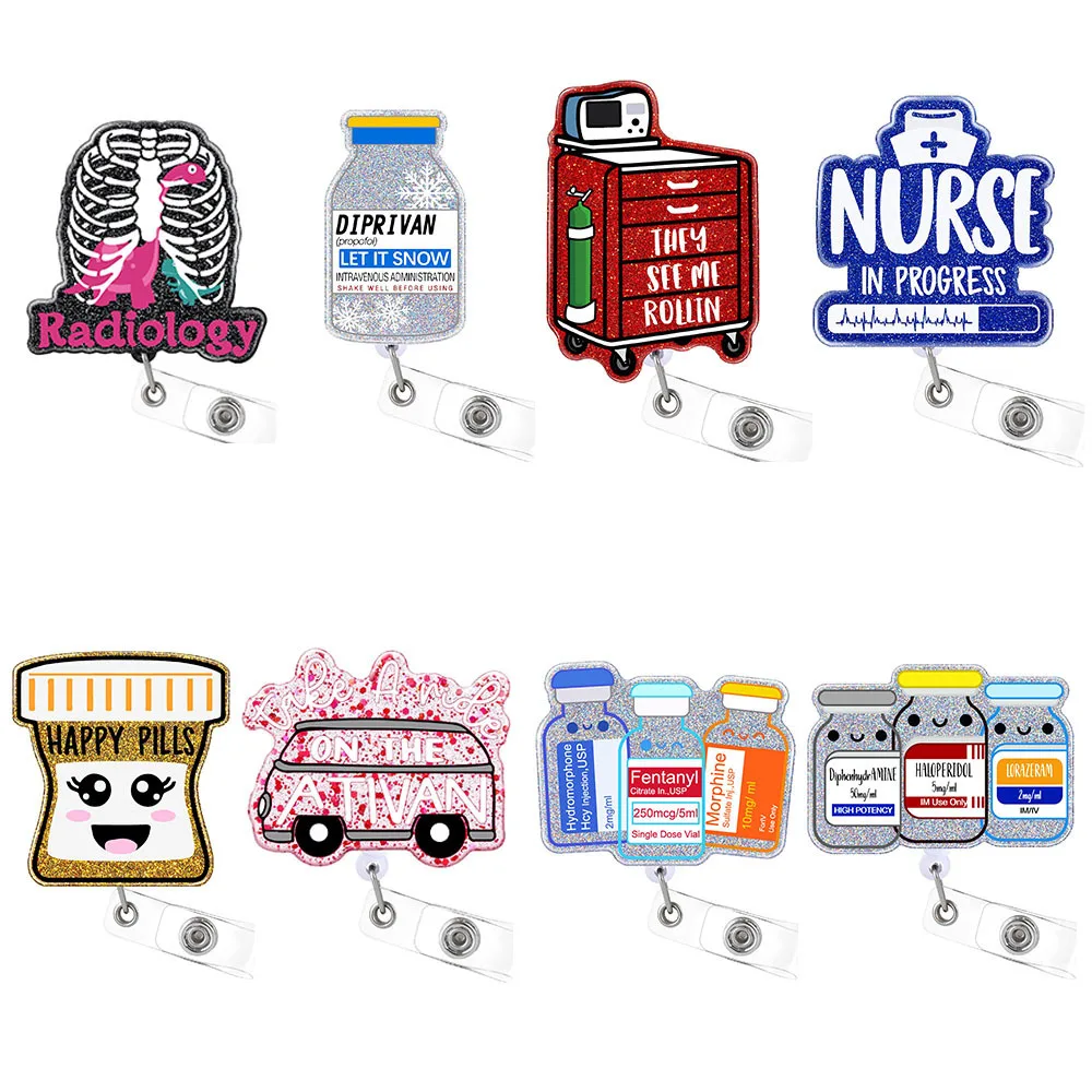 2026 New Design 1 Piece Shiny Acrylic Funny Medical Pills Bottle Ambulance Retractable Nurse Doctor Badge Reel ID Card Holder