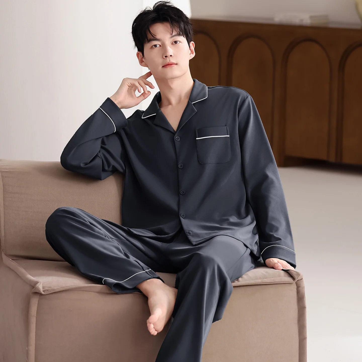 

Men's Pure Cotton Sleepwear Cardigan Long Sleeve Loose Fit Collared Pyjamas Set Youth Home Clothes Breathable Cool Sensation