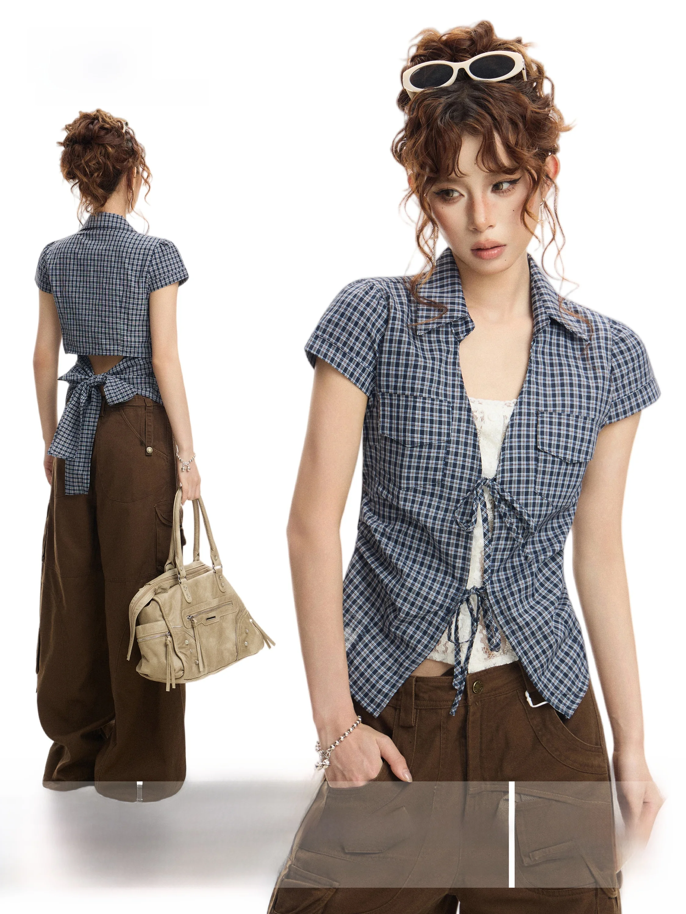 Blue Plaid Short Sleeve Lace Shirt Women's Summer Waist Cinched Hollow out Top Korean Style Commute Fashion Bishounen Style