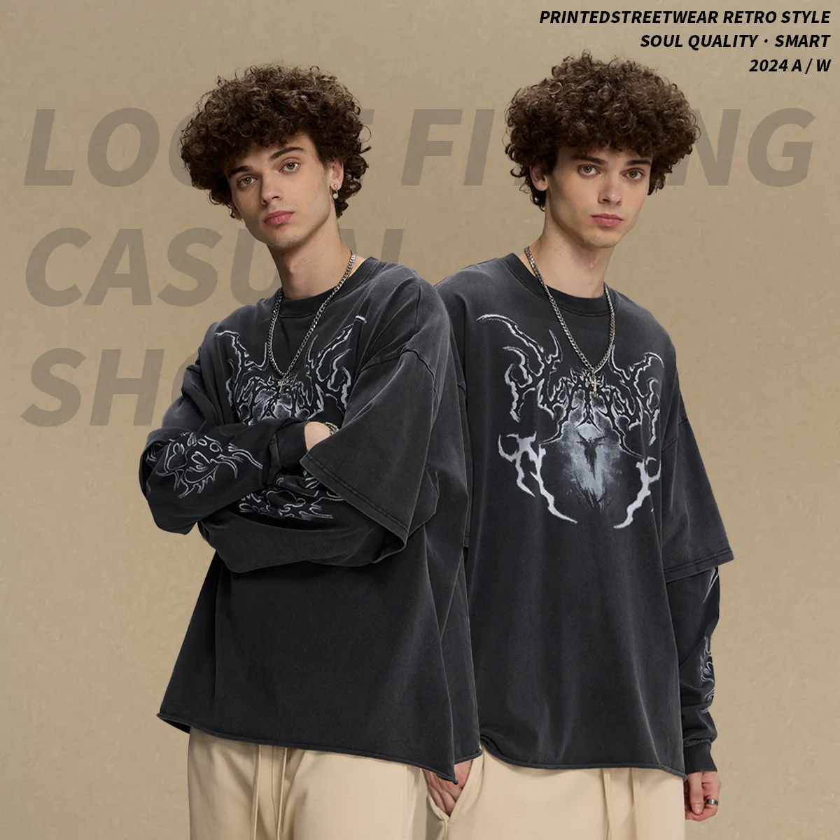 

Y2K Distressed Fried Snowflake Wash Street Fashion Brand T-Shirt Men Retro Fake Two Piece Rolled Edge Print Long Sleeve Tees