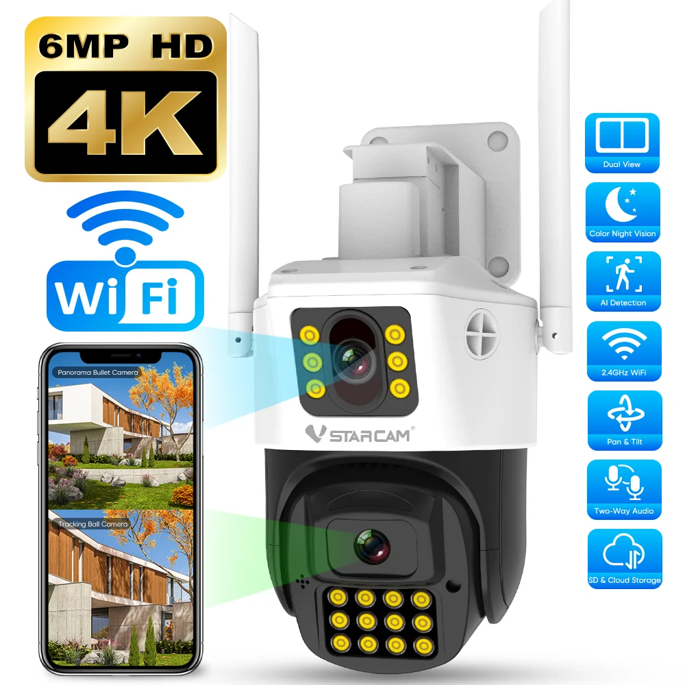 VSTARCAM 6MP 4K 듀얼 렌즈 광각 홈 카메라, IP66 방수, 360도 °   PTZ 뷰, 사람 감지, 컬러 야간 투시, 양방향 통신
