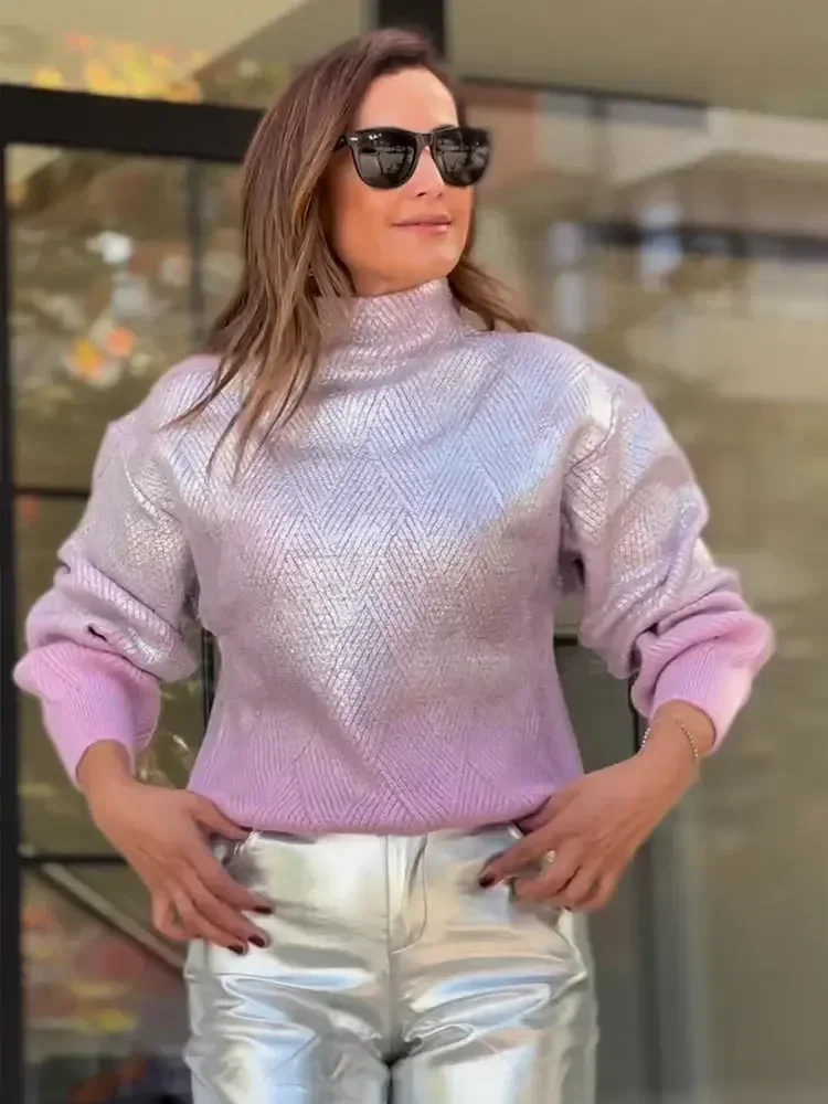 Shiny Metallic Gradient Women Knitted Sweater Fashion Turtleneck Long Sleeves Loose Pullover Autumn Lady Commuting Streetwear